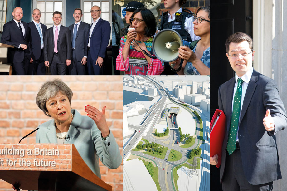 Clockwise from top left: GVA acquires HOW Planning; protests against the Elephant and Castle shopping centre scheme; newly-appointed housing secretary James Brokenshire; visualisation of the Silvertown tunnel entrance; the Prime Minister launches the