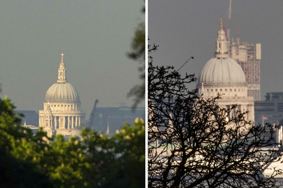 St Paul’s: protected view from King Henry’s Mound before and after construction of Stratford tower (image credit: Patrick Eagar and Paula Redmond) 