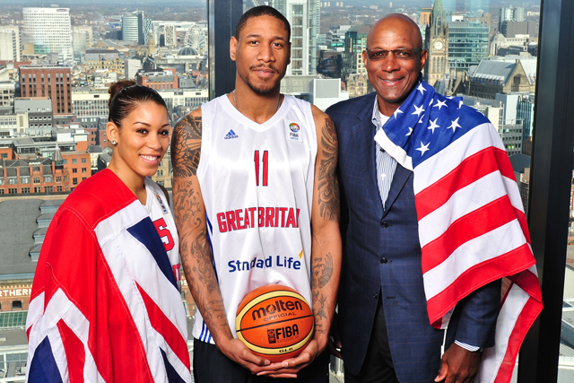 Great Britain players Lauren Thomas-Johnson and Drew Sullivan and former US star Clyde Drexler at the launch of Olympics ticket sales
