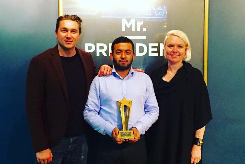 From left: Daniel Matthews, CEO, Daniel Marks London, Jayed Ahmed, winner of the Rising Star award and Laura Bambach, creative partner, Mr President