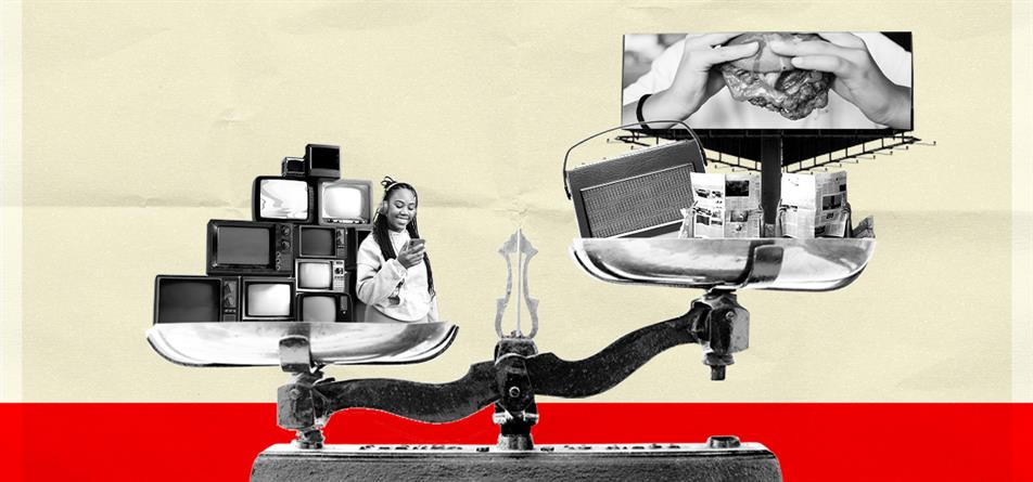 graphic of pair of scales with person looking at mobile with large pile of TVs behind them and on the other radios, leaflets and a poster of someone eating a burger