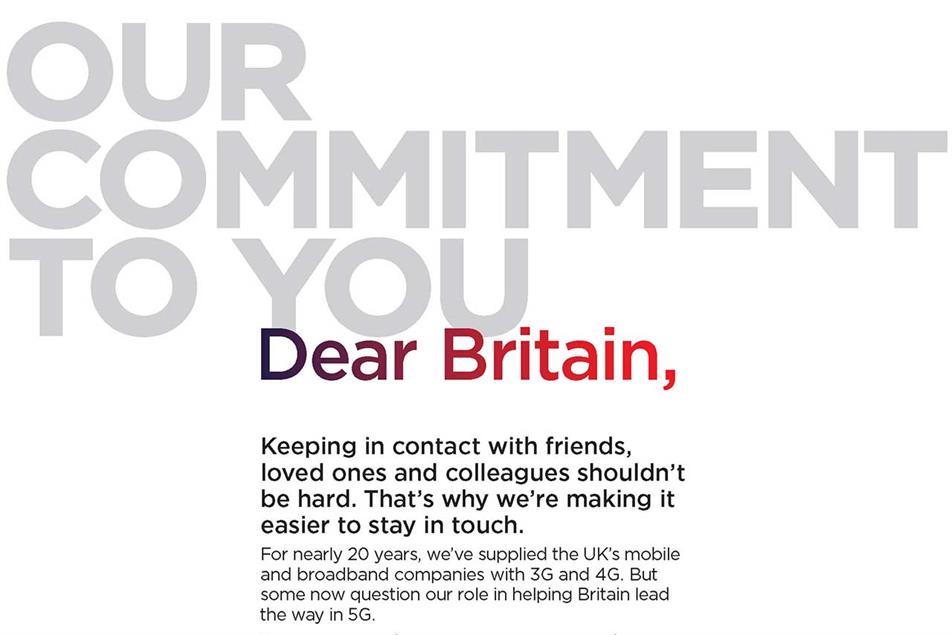 Huawei ad: 'some now question our role in helping Britain lead the way in 5G'