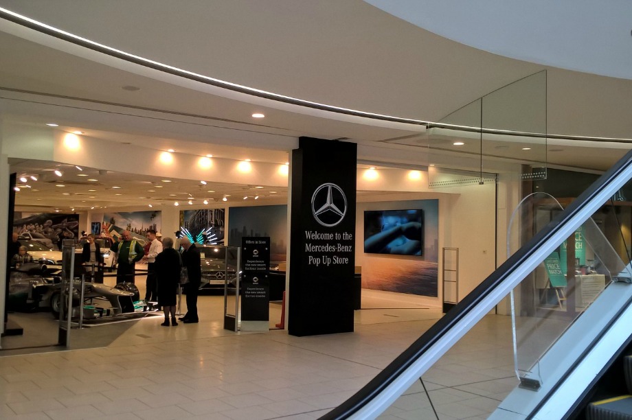 The pop-up showcases a range of Mercedes-Benz models 