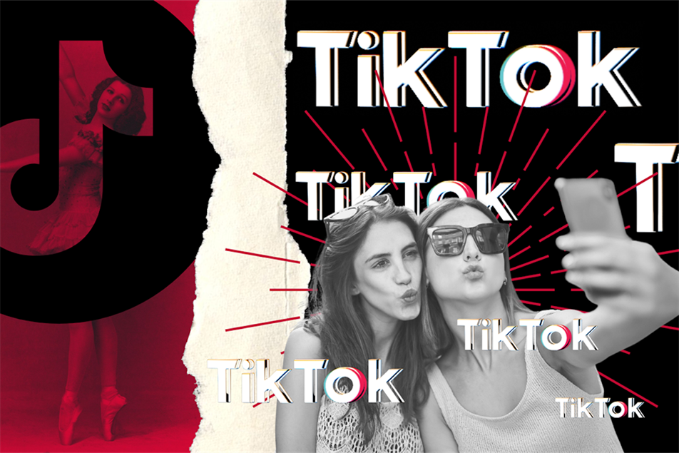 Graphic depicting TikTok users and 'TikTok' text in background