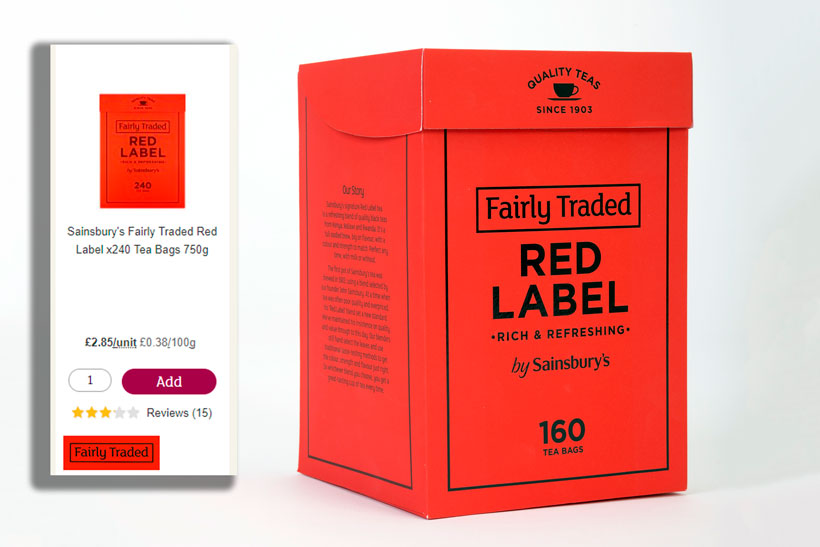 Sainsbury's Fairly Traded tea: website listing (left) and product shot (right)