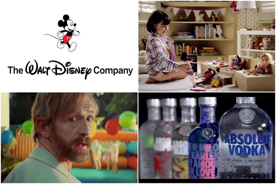 Clockwise from top left: Disney, Mattel, Absolut and More Th>n