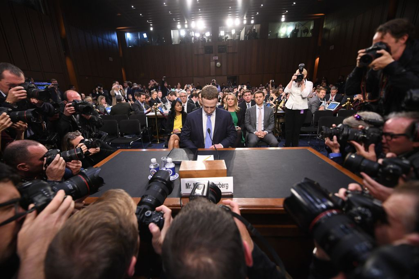 Facebook CEO Mark Zuckerberg testifies at a joint hearing of the US Senate Commerce, Science and Transportation Committee and Senate Judiciary Committee in 2018 (Getty Images).